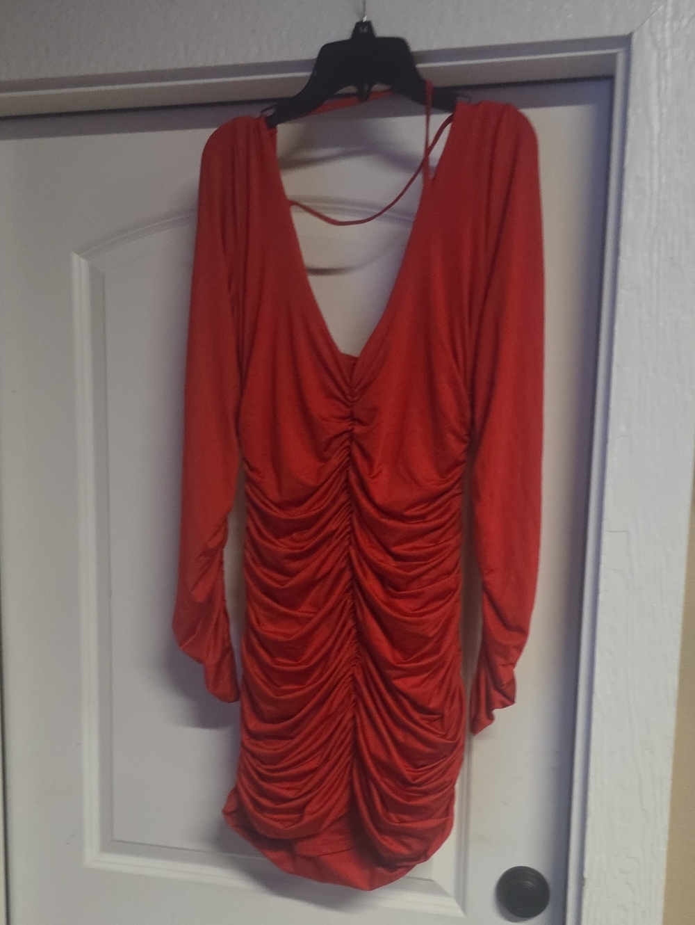 Ruched Long-Sleeve Red Bodycon Dress